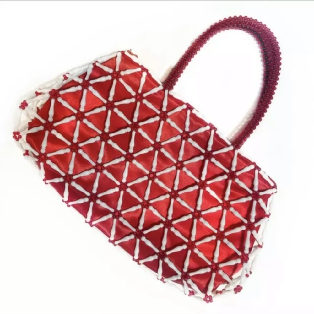 Vintage beaded overlay red clutch purse bag with beaded straps and zipping top